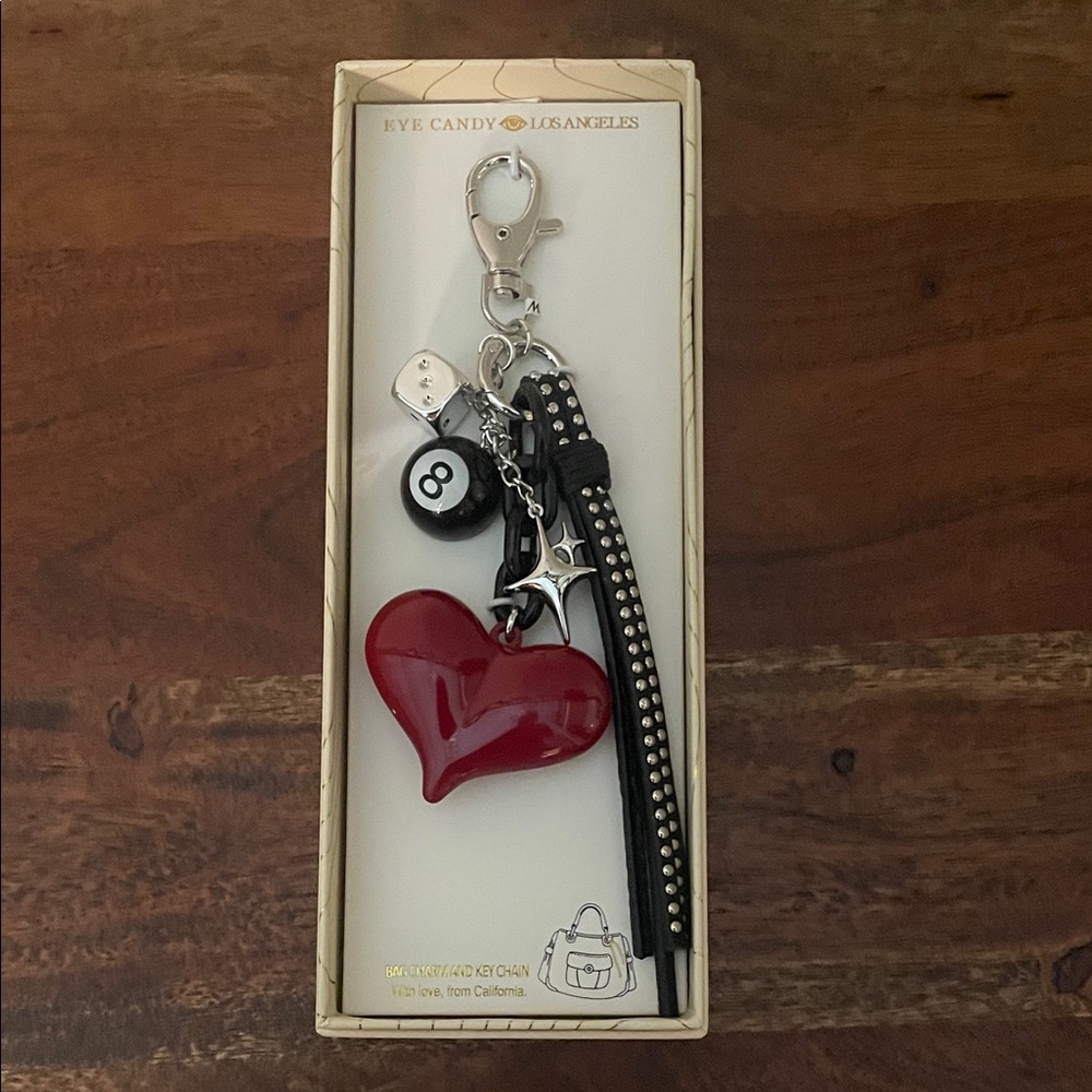 Viral Tik Tok Red Heart, Black Strap, 8 ball Bag Charm by Eye Candy Los Angeles - Picture 2 of 6